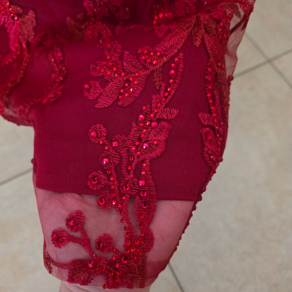 Mac Duggal 20330 Red Beaded Formal Dress Embroidered Evening Gown Maxi 12 - Picture 5 of 11